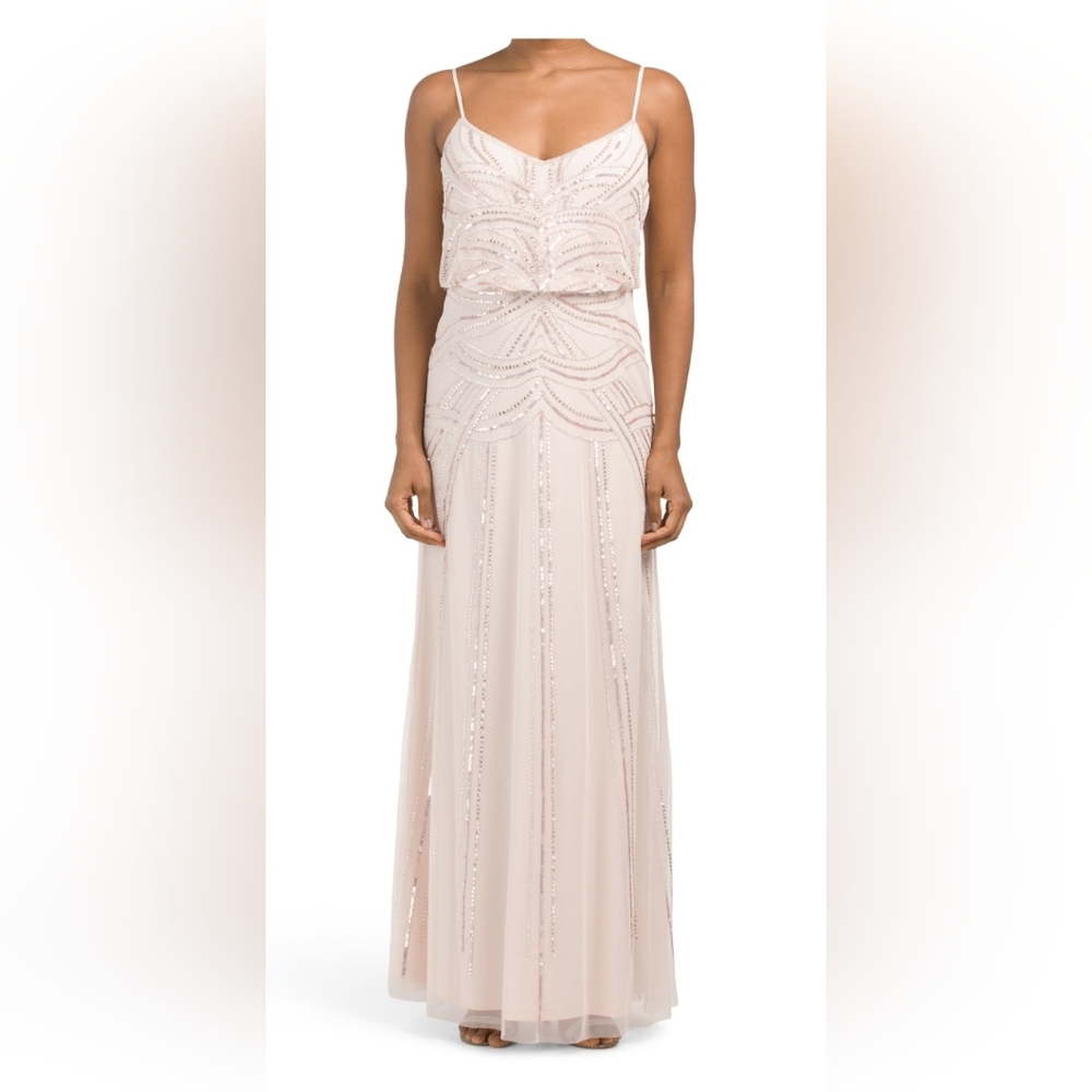 Adrianna Papell Beaded Blouson Long Gown size 16 color flaxen